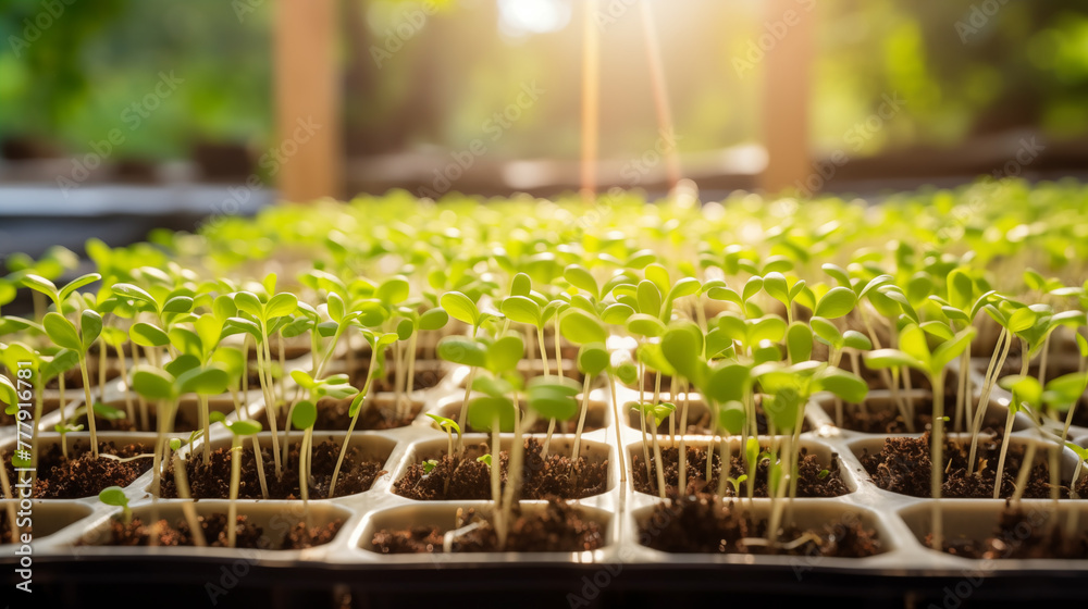 Wide shot of a microgreens farm, rows of fresh sprouts in the greenhouse, sunny day Wide shot of a microgreens farm, rows of fresh sprouts in the greenhouse, sunny day