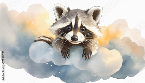 cute baby raccoon character cute girl raccoon on cloud watercolour illustration isolated on white background photo