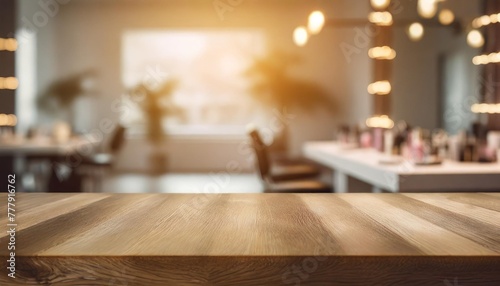 empty wooden table with blurry beauty salon background backdrop with copy space