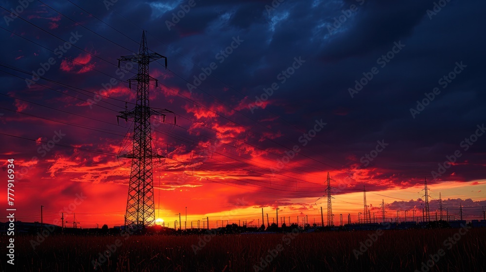 Fototapeta premium Silhouette of high voltage tower on sunset background.