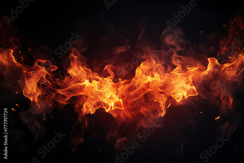 Hyperrealistic flames dance against a black backdrop, fiery and untamed, AI Generative.