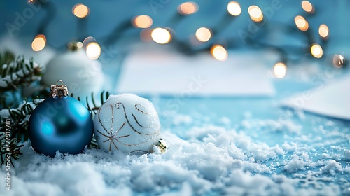 Blue decorated with snowflake baubles lying on snow and sheet notes with christmas lights blue background