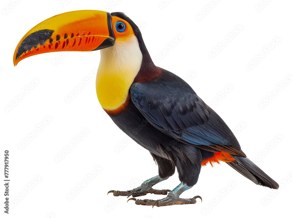 Obraz premium A large black and yellow bird with a long beak stands on a white background, cut out - stock png.