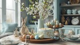 Step into an Easter dining room filled with warmth and joy, where a round table showcases a delectable cake, an enchanting hare sculpture,  a rustic wooden tray, a vase brimming with fresh leaves,