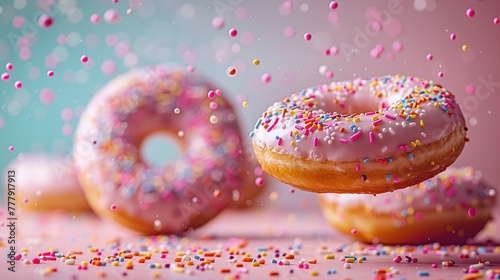 Donuts with colorful sprinkles floating in the air