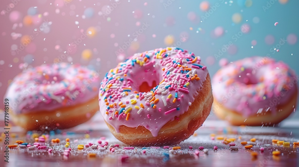 Donuts with colorful sprinkles floating in the air