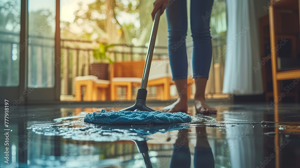 Fototapeta premium In a sunny domestic setting, an individual skillfully mops a glistening wet floor, reflecting a dedication to cleanliness, AI Generative.