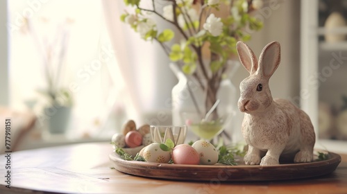 Step into an Easter dining room filled with warmth and joy, where an enchanting hare sculpture, vibrant Easter eggs, a rustic wooden tray, a vase brimming with fresh leaves, and personal accessories  photo