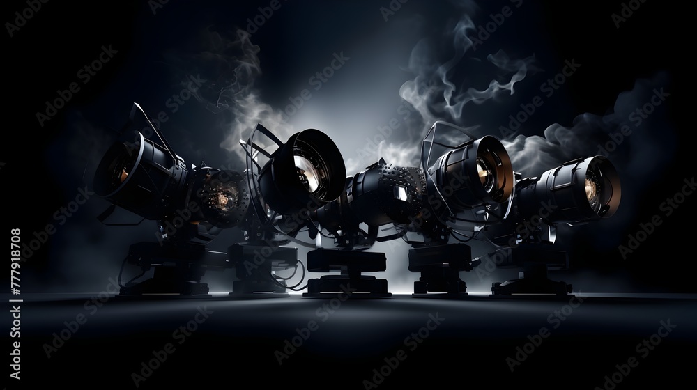 Futuristic Cinematography Production Studio with Dark Smoke and Lighting Equipment
