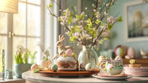Dive into the comfort of an Easter dining room scene featuring a round table adorned with a charming hare sculpture, colorful Easter eggs, a wooden tray, a vase overflowing with fresh leaves