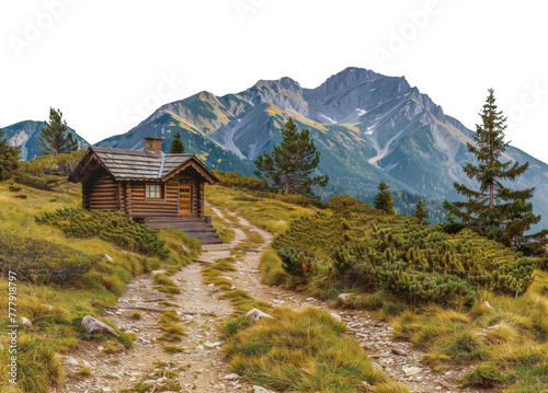 A cabin is on a dirt road in the mountains, cut out - stock png.