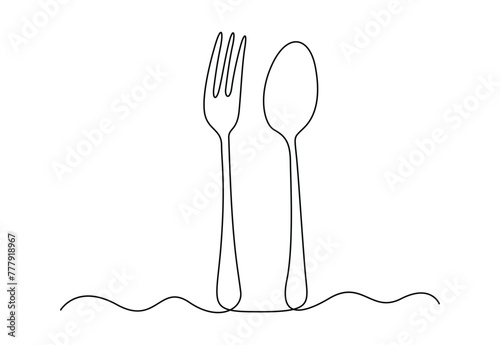 Continuous one line drawing of spoon and fork on set tableware vector illustration 