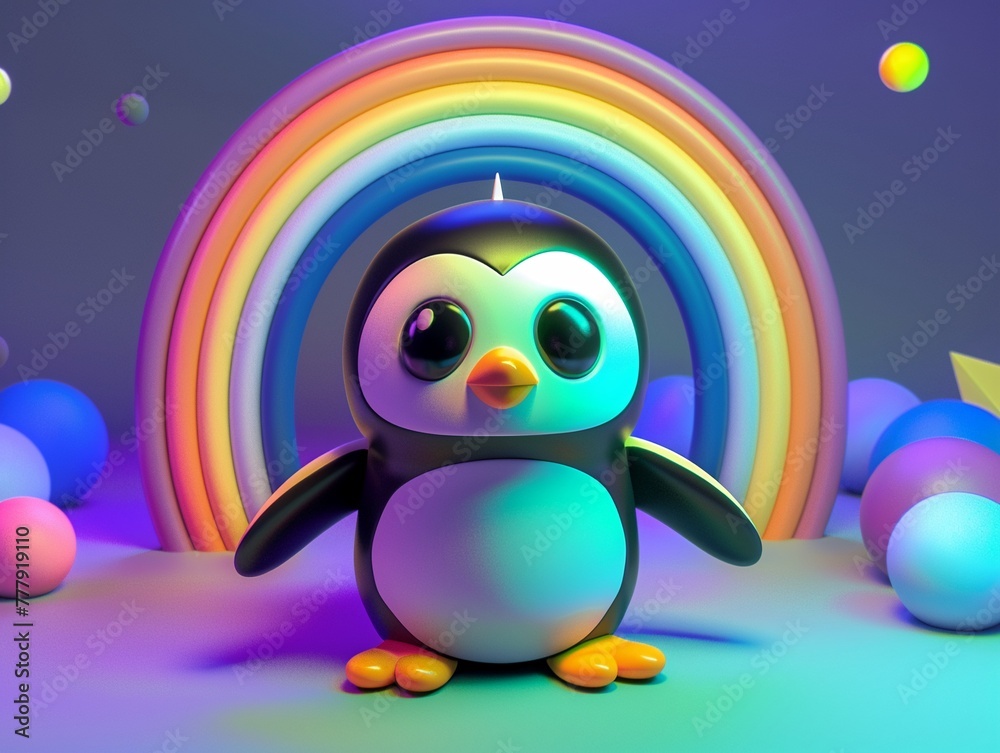 Adorable cartoon penguin with rainbow and floating spheres in a magical scene.