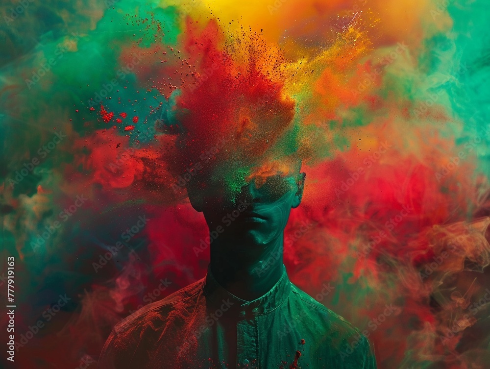 A figure with no face bathed in shades of red and green set against a background of exploding colors.