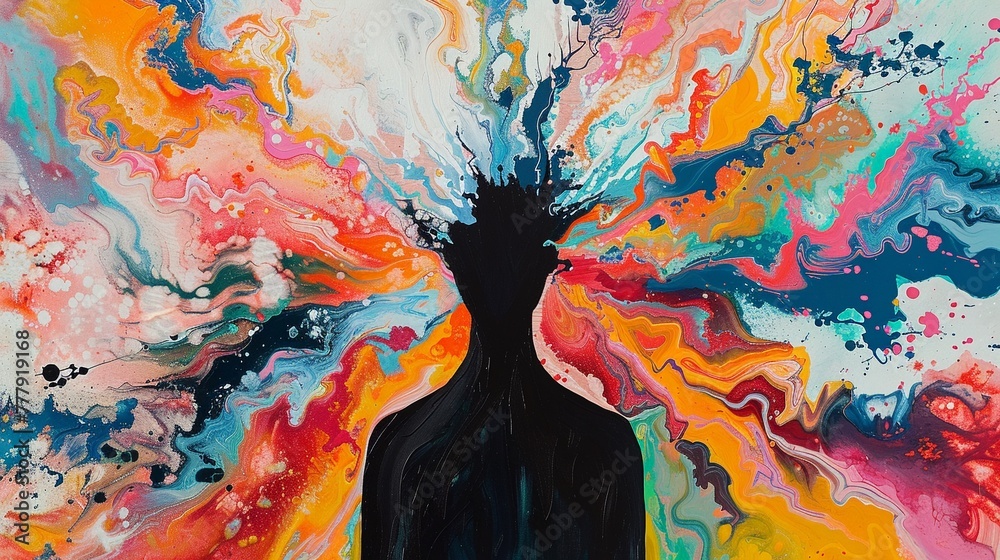 Silhouette with an explosion of colorful paint, symbolizing a burst of creativity.