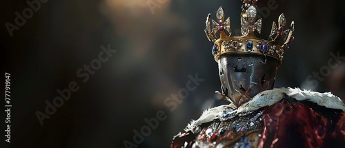 Medieval king with crown in dramatic lighting and dark atmosphere.