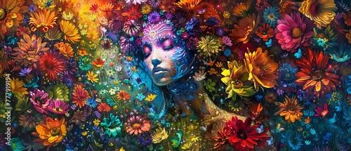 A goddess like figure among a variety of vivid radiant blooms.