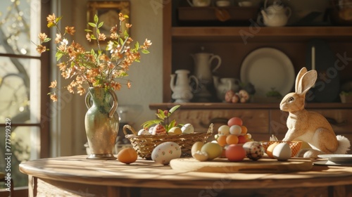 Step into an Easter dining room filled with warmth and joy, where a round table showcases a delectable cake, an enchanting hare sculpture, a rustic wooden tray, a vase brimming with fresh leaves, 