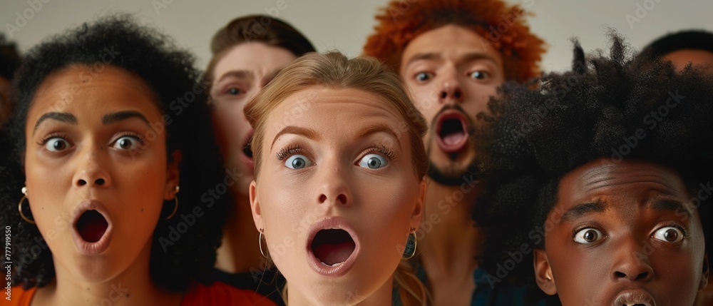 Multicultural faces displaying astonishment with mouths wide open.
