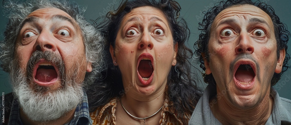 Portraits of individuals with mouths gaping in amazement.