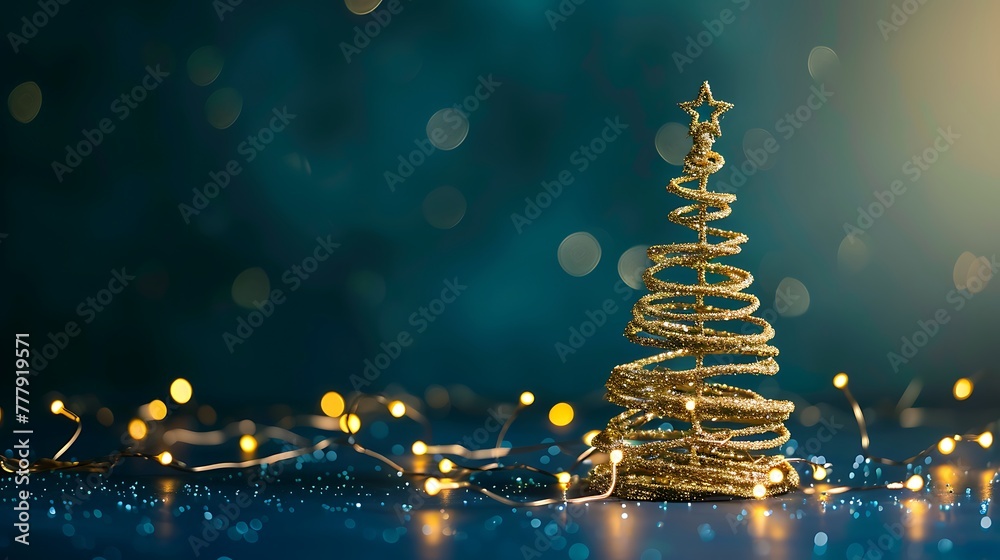 Gold wire Christmas tree with lights on blue background