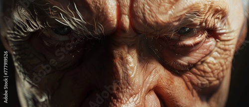 Realistic 3d rendered elderly male face with high detail and emotional impact.