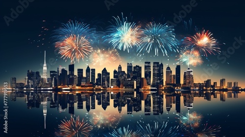 Fireworks over the city skyline of new york in the style of dark skyblue and light beige minimalist background city light glow and reflections in the river