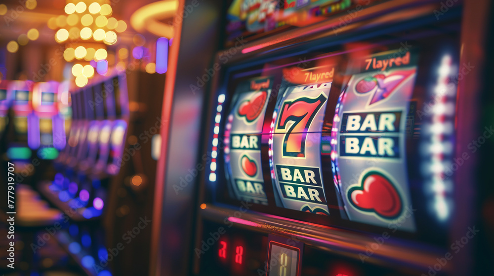 A slot machine with a bar sign and three reels with the number seven on them A slot machine with a bar sign and three reels with the number seven on them