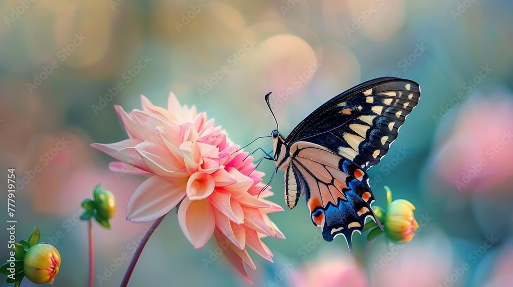 A butterfly visiting a pink dahlia flower A butterfly visiting a pink dahlia flower