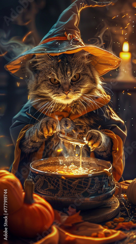 A cat in a witch costume is pouring a liquid into a cauldron