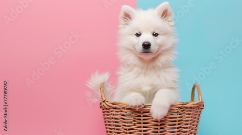 A cute old puppy samoyed sits within a basket looking at viewer on pink and blue background © Robert