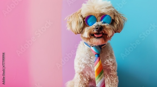 Adorable small dog wearing round blue sunglasses and rainbow colored tie on pink and blue background © Robert