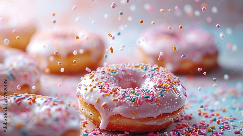 Donuts with colorful sprinkles floating in the air Donuts with colorful sprinkles floating in the air