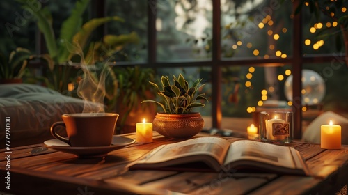 Step into the serenity of a cozy summer evening, where the soft glow of candlelight dances across the pages of your favorite books, a steaming mug of coffee awaits your enjoyment, photo