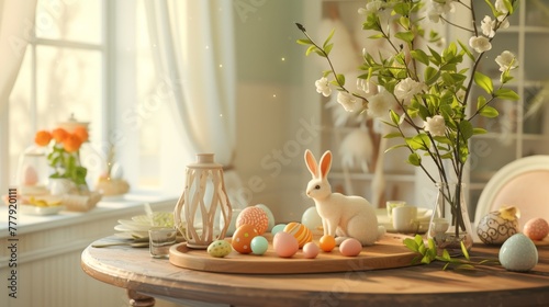 Dive into the comfort of an Easter dining room scene featuring a round table adorned with a charming hare sculpture, a wooden tray, a vase overflowing with fresh leaves, and personal accessories