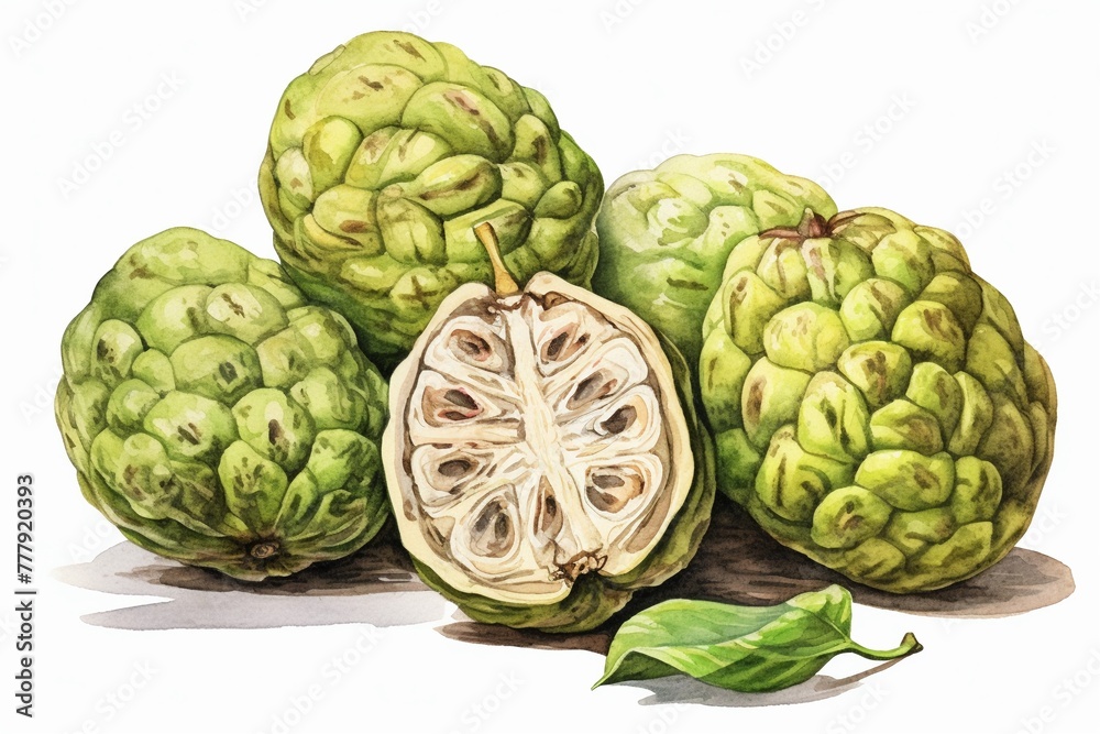 Fototapeta premium A bunch of ripe Custard Apple (Cherimoya) s, watercolor illustration clipart, 1500s, isolated on white background watercolor tone, pastel, 3D Animator