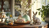 Dive into the comfort of an Easter dining room scene featuring a round table adorned with a delectable cake, a charming hare sculpture, colorful Easter eggs,  a vase overflowing with fresh leaves, 