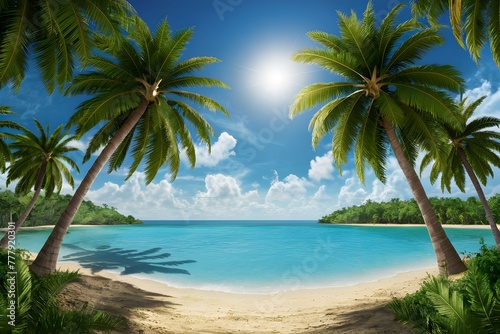 Exotic beach panorama with sunny sky, palm trees, and lagoon