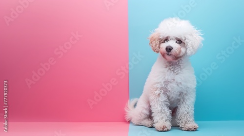 Cute and sweet poodle puppy dog thinking and tilting head side on pink and blue background