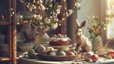 Step into an Easter dining room filled with warmth and joy, where a round table showcases a delectable cake, an enchanting hare sculpture,  a vase brimming with fresh leaves, 