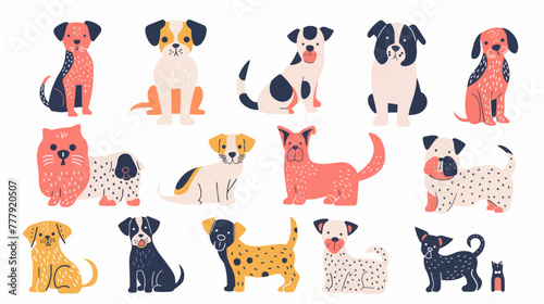Hand drawn abstract dogs, puppy, flat icons set. Color isolated illustrations. 
