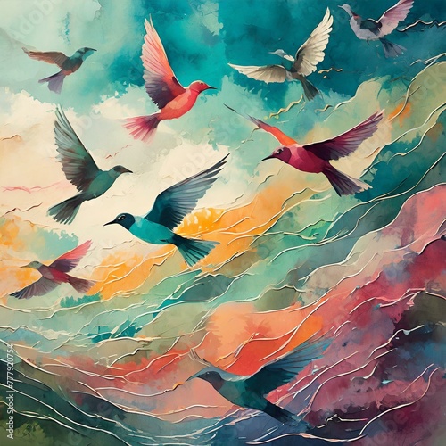 a charming wall mural featuring a flock of birds in various colors flying across the sky. The composition should convey a sense of freedom and movement, using soft gradients and flowing lines to creat photo