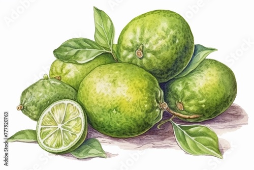 A bunch of ripe Pear s,  watercolor illustration clipart, 1500s, isolated on white background watercolor tone, pastel, 3D Animator photo