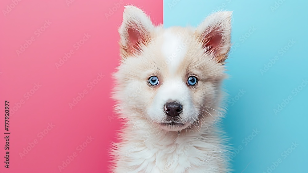 Cute pomsky puppy with blue eyes on pink and blue background Cute pomsky puppy with blue eyes on pink and blue background
