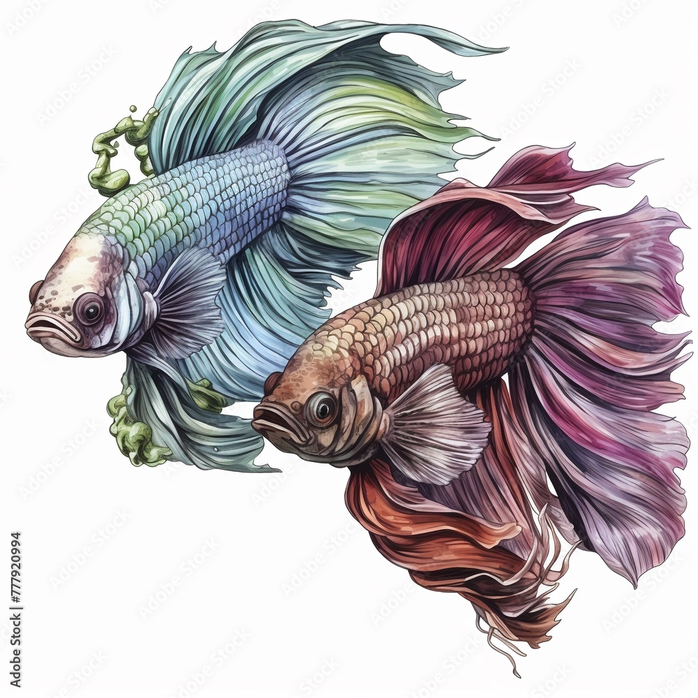 Fototapeta premium Siamese Fighting Fish s, watercolor illustration clipart, 1500s, isolated on white background watercolor tone, pastel, 3D Animator