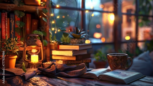 Immerse yourself in the serenity of a cozy summer evening, where the ambiance is set by the soft glow of lamplight, the inviting comfort of books, and the rich aroma of freshly brewed coffee