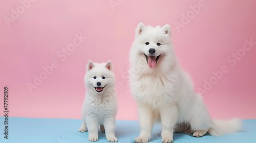 female Samoyed smiles for the camera while her pup grows a bit impatient and curious and begins to walk on pink and blue background