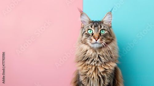 Full body of long hair tabby cat with beautiful green eyes on pink and blue background © Robert