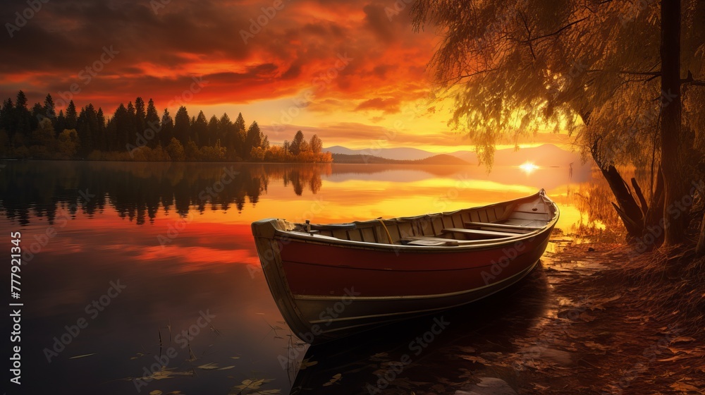 Boat in the lake ,«golden hour»