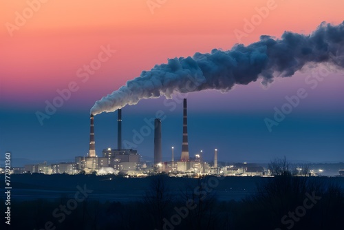 Factory emits smoke  polluting natures atmosphere at dusk